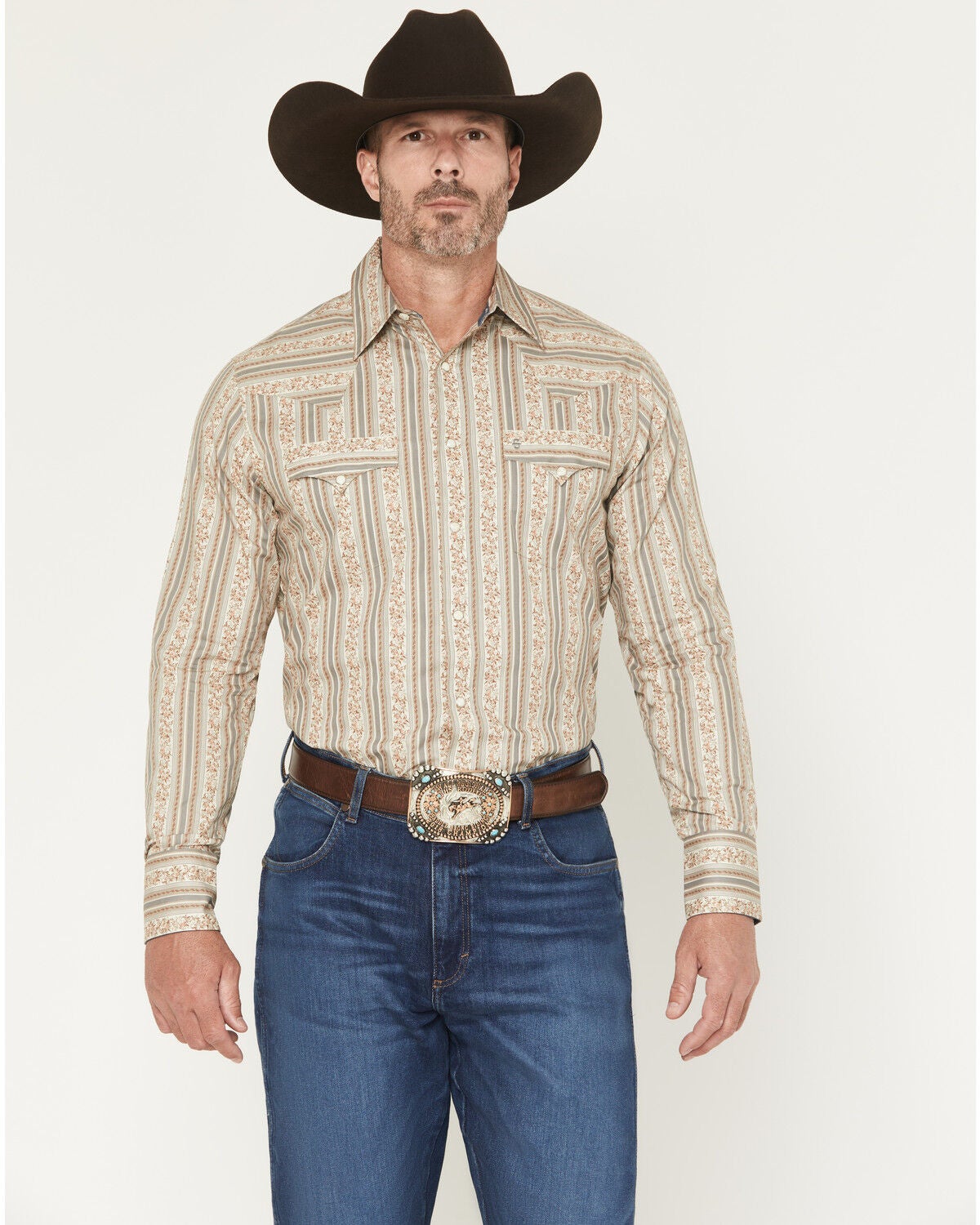 Stetson Men's Wallpaper Floral Print Long Sleeve Snap Western Shirt, Brown, hi-res