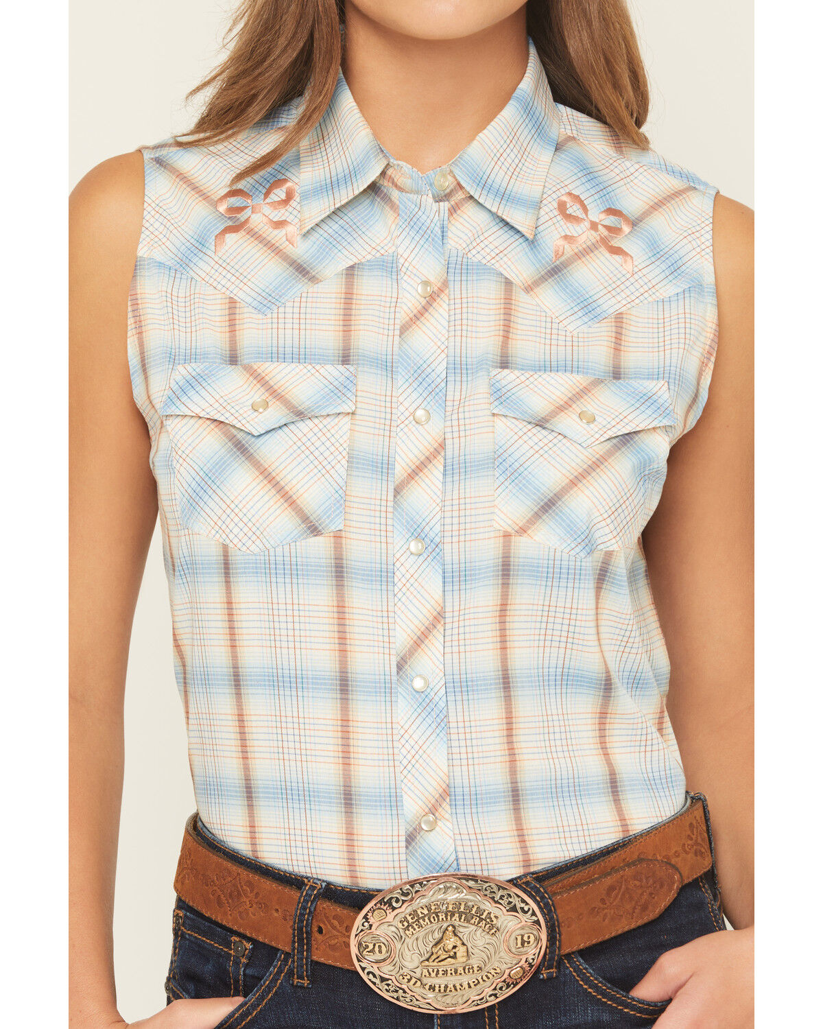 Image #3 - Ely Walker Women's Bow Embroidered Plaid Print Sleeveless Pearl Snap Western Shirt, Light Blue, hi-res