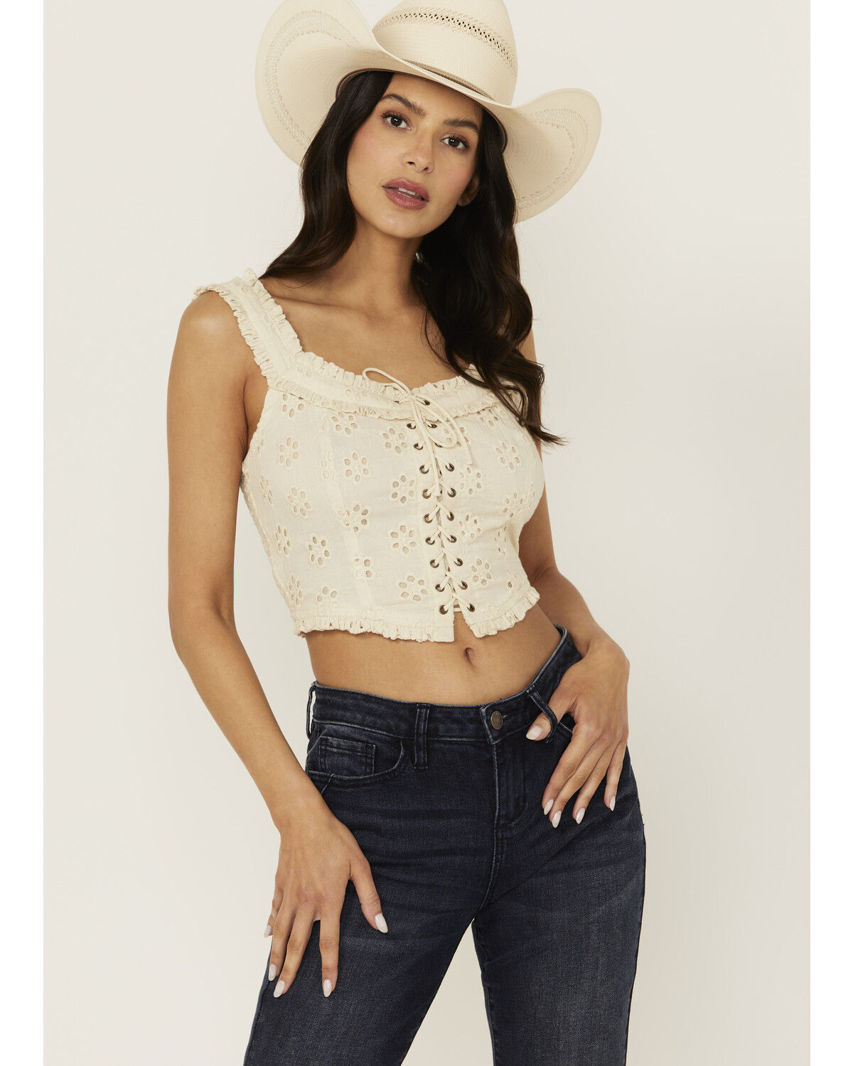 Image #1 - Rock & Roll Denim Women's Eyelet Corset Tank Top, Cream, hi-res