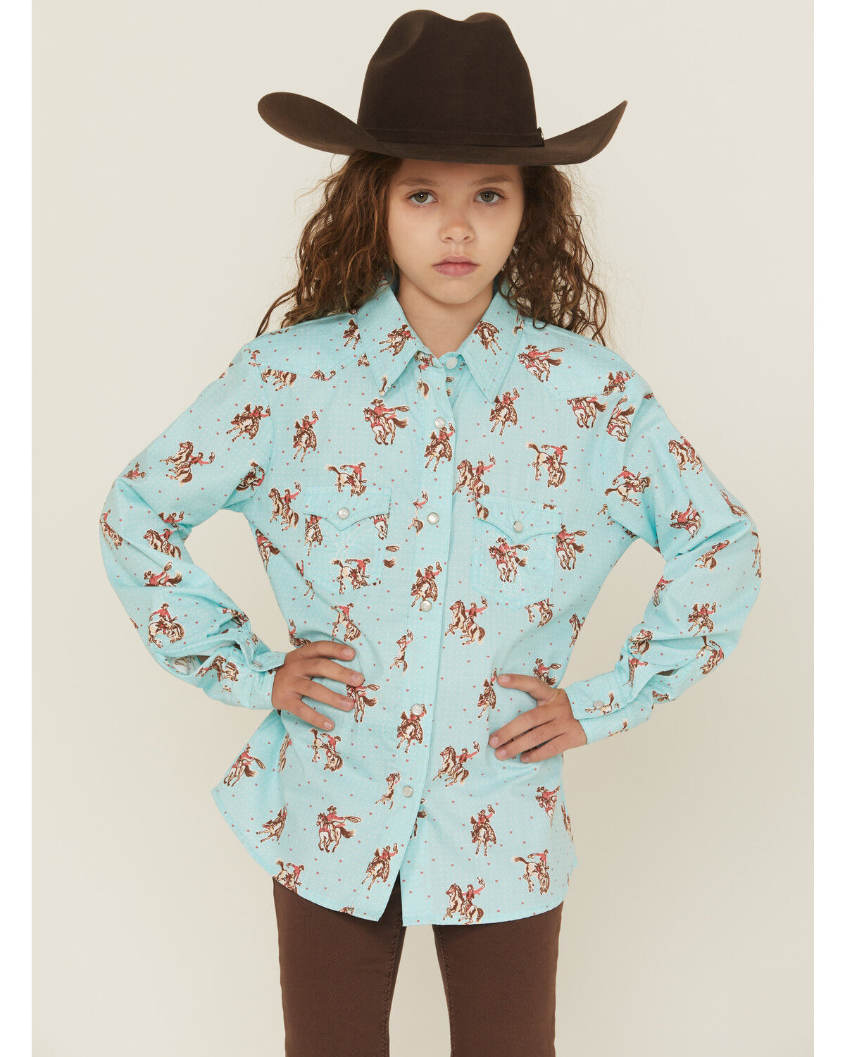 Image #1 - Panhandle Girls' Horse And Heart Print Long Sleeve Snap Western Shirt, Blue, hi-res