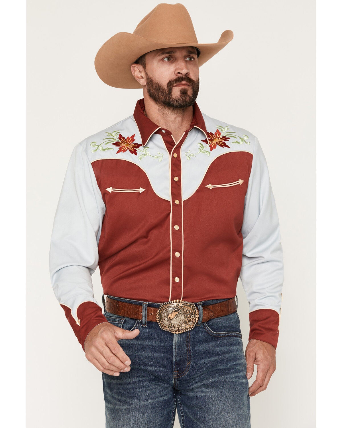 Scully Men's Floral Embroidered Long Sleeve Snap Western Shirt, Mauve, hi-res