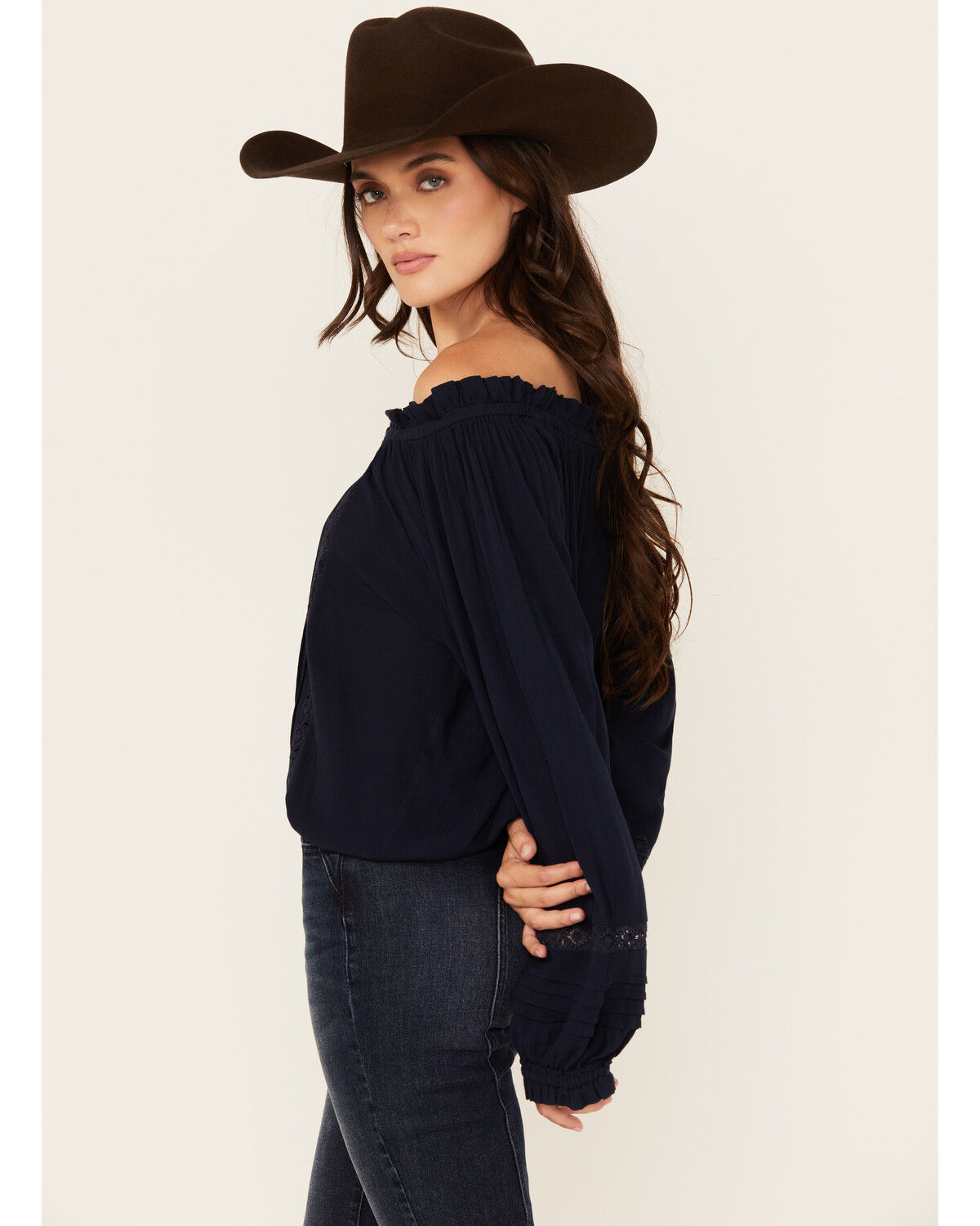 Image #2 - Wild Moss Women's Lace Detail Peasant Top, Navy, hi-res