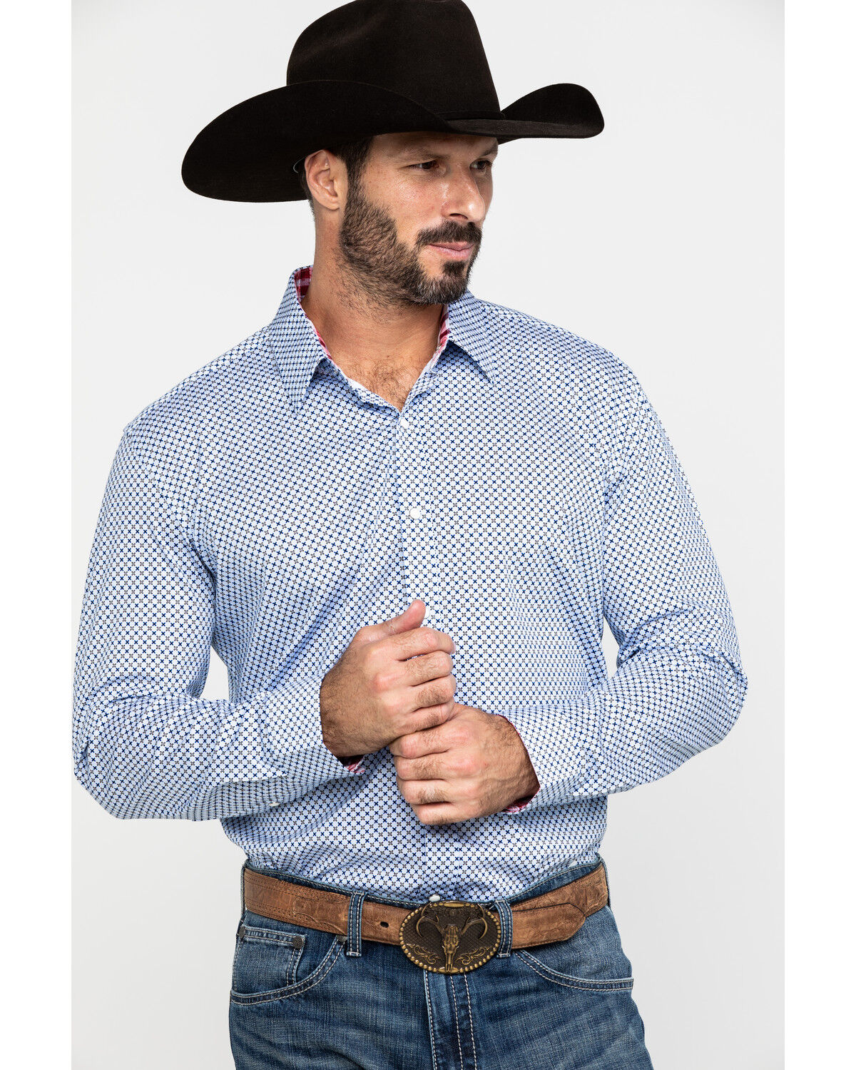 Image #1 - Scully Signature Soft Series Men's X Geo Print Long Sleeve Western Shirt, Blue, hi-res