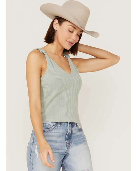 Image #1 - Miss Me Women's Found My Love Knot Jade Ribbed Tank, Sage, hi-res