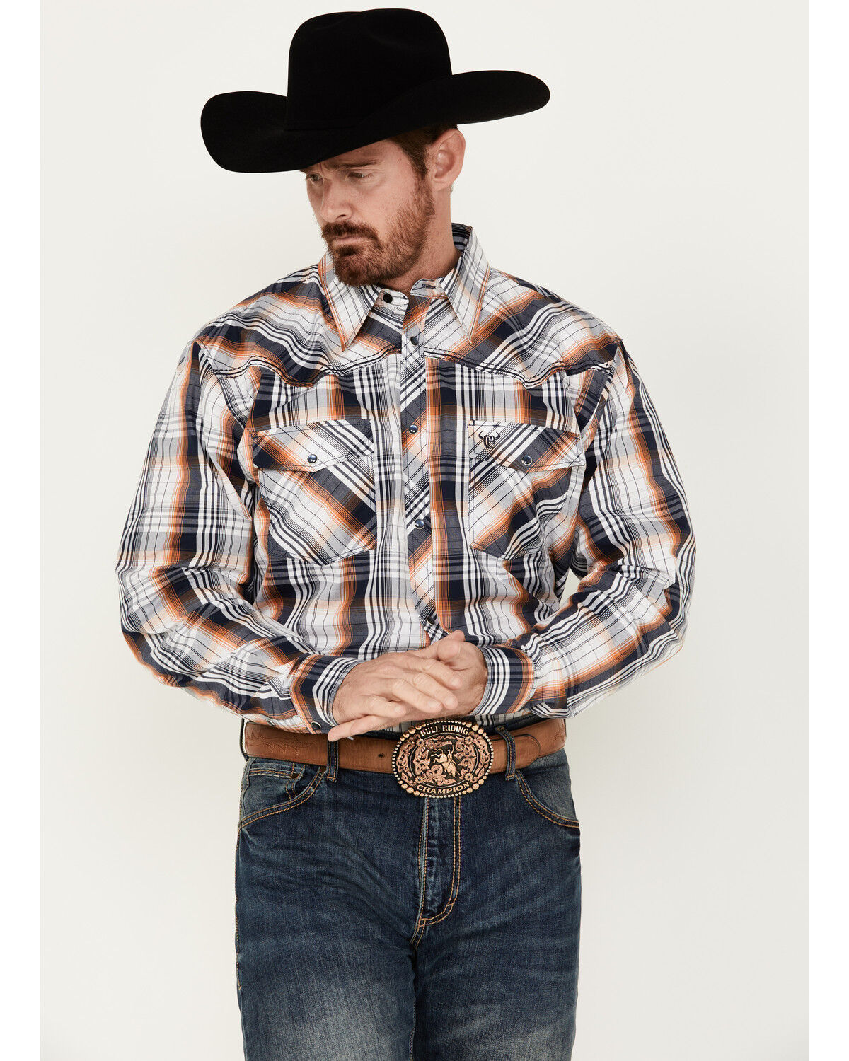 Image #1 - Cowboy Hardware Men's Hermosillo Gradient Plaid Print Long Sleeve Pearl Snap Western Shirt, Navy, hi-res
