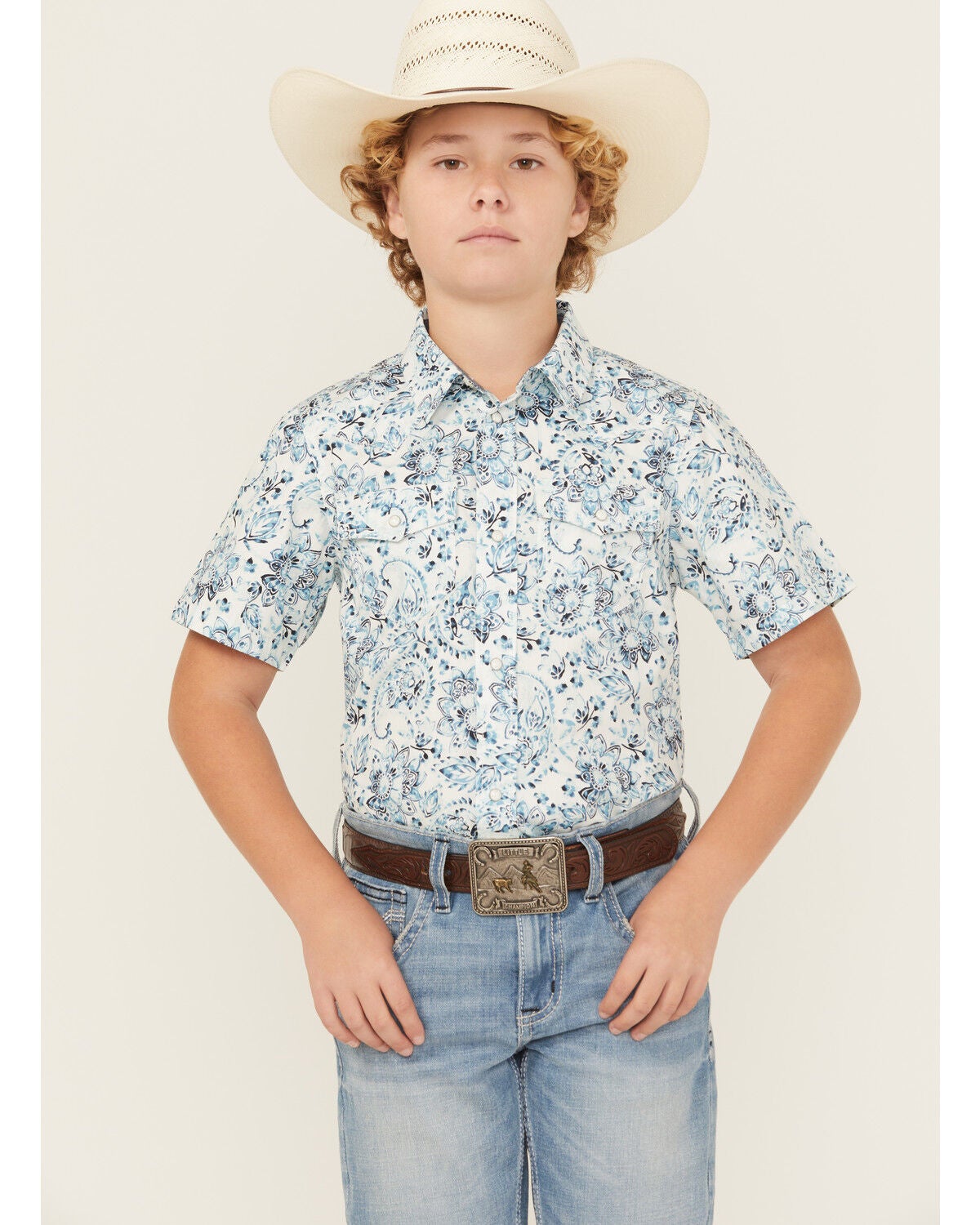 Cody James Boys' Frontier Threads Paisley Print Short Sleeve Snap Western Shirt, White, hi-res