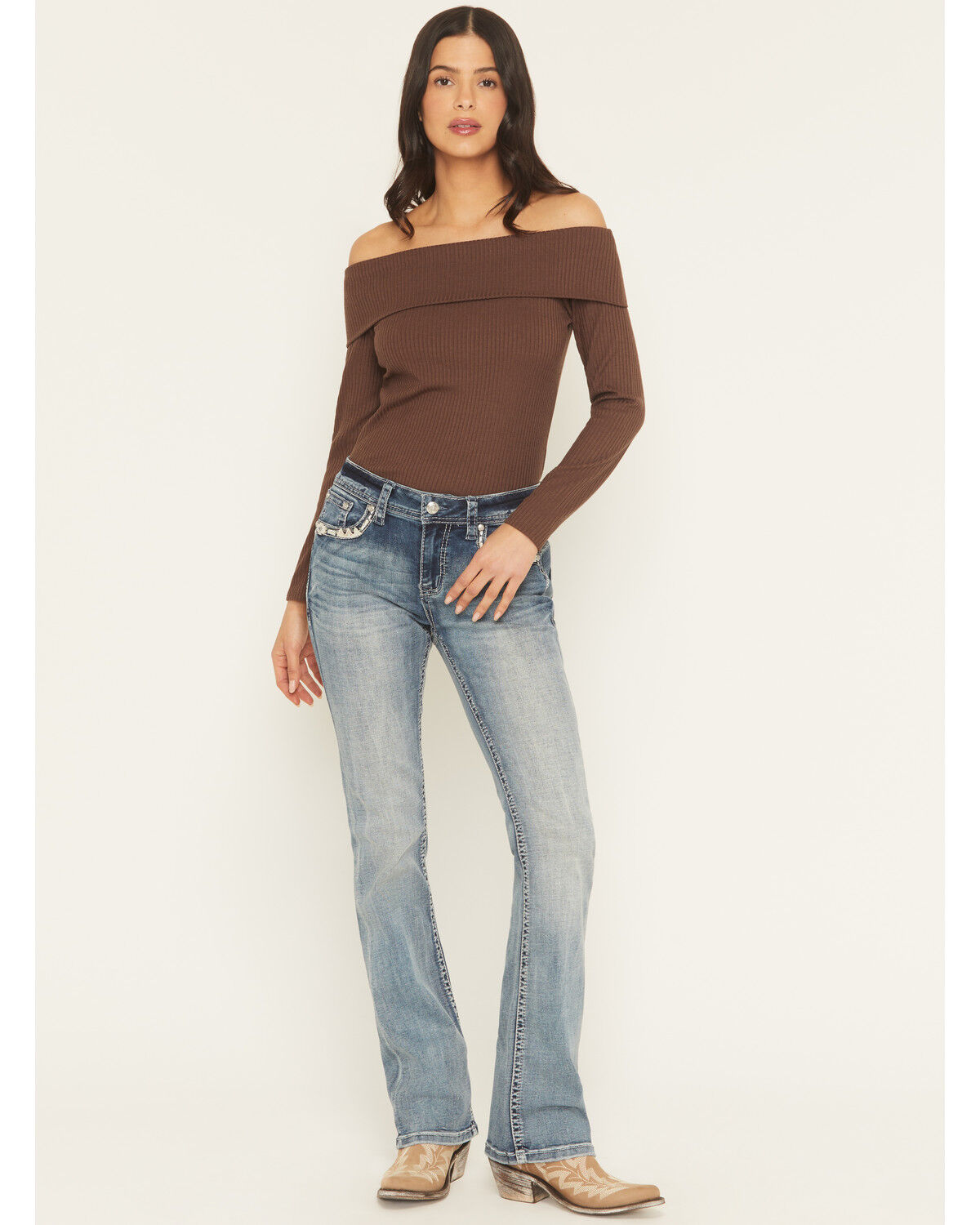 Image #3 - Grace In LA Women's Medium Wash Mid Rise Geo Embroidered Bootcut Stretch Denim Jeans, Medium Wash, hi-res