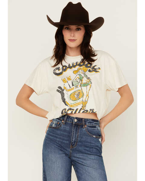Country Deep Women's Cowboy Killer Short Sleeve Cropped Graphic Tee, Cream, hi-res