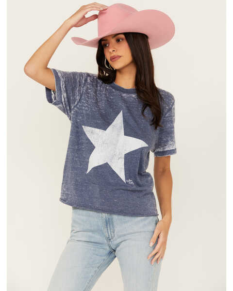 Bohemian Cowgirl Women's Burnout Star Short Sleeve Graphic Tee, Navy, hi-res