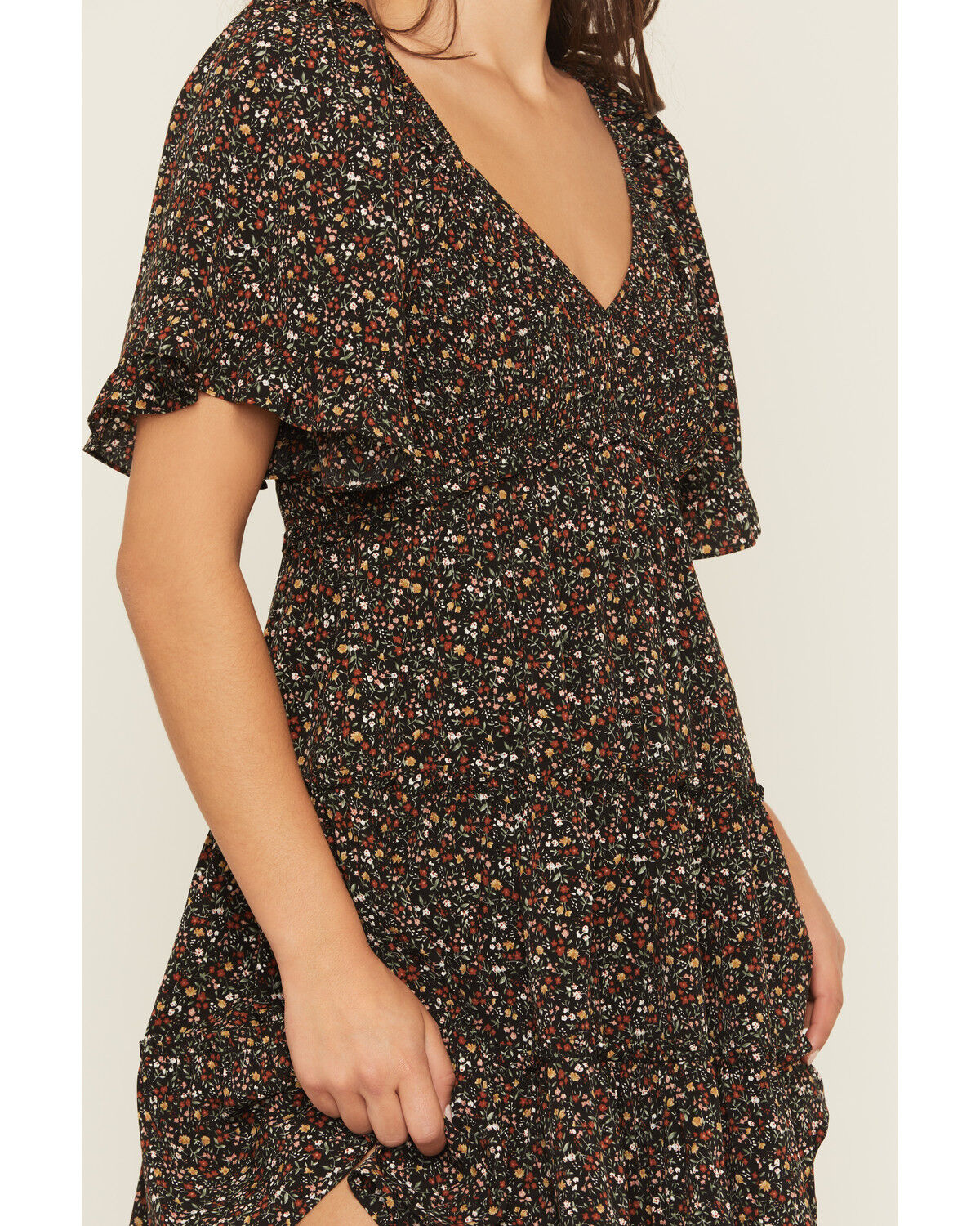 Image #3 - Yura Women's Floral Print Short Sleeve Smocked Mini Dress, Black, hi-res