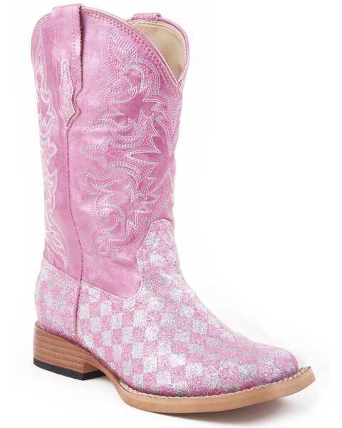 Image #1 - Roper Girls' Glitter Checker Western Boots - Square Toe, Pink, hi-res