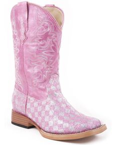 Roper Girls' Pink Glitter Checker Cowgirl Boots, Pink, hi-res