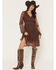 Image #1 - Shyanne Women's Embroidered Mesh Long Sleeve Button Front Mini Dress, Brown, hi-res