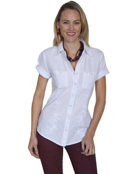 Cantina by Scully Women's White Embroidered Short Sleeve Shirt, White, hi-res