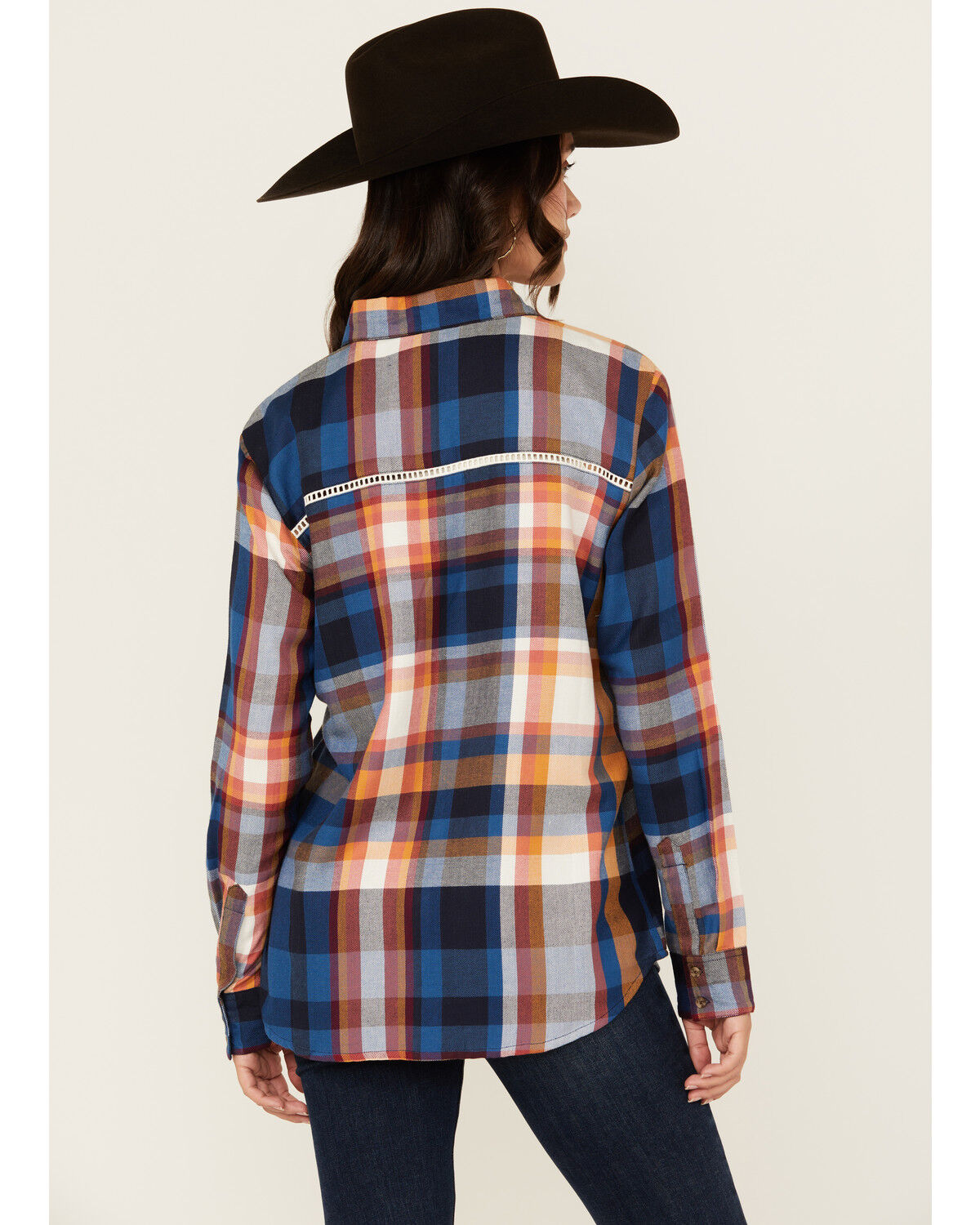 Image #4 - Shyanne Women's Plaid Print Ladder Lace Trim Long Sleeve Button-Down Flannel Shirt, Navy, hi-res
