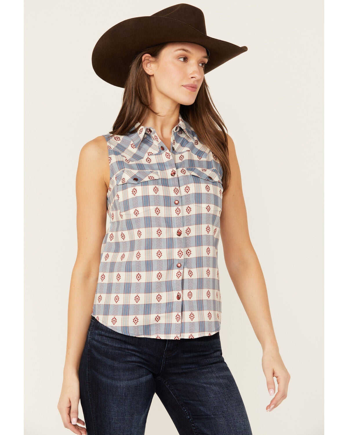 Shyanne Women's Casper Checkered Print Sleeveless Pearl Snap Western Shirt, Royal Blue, hi-res