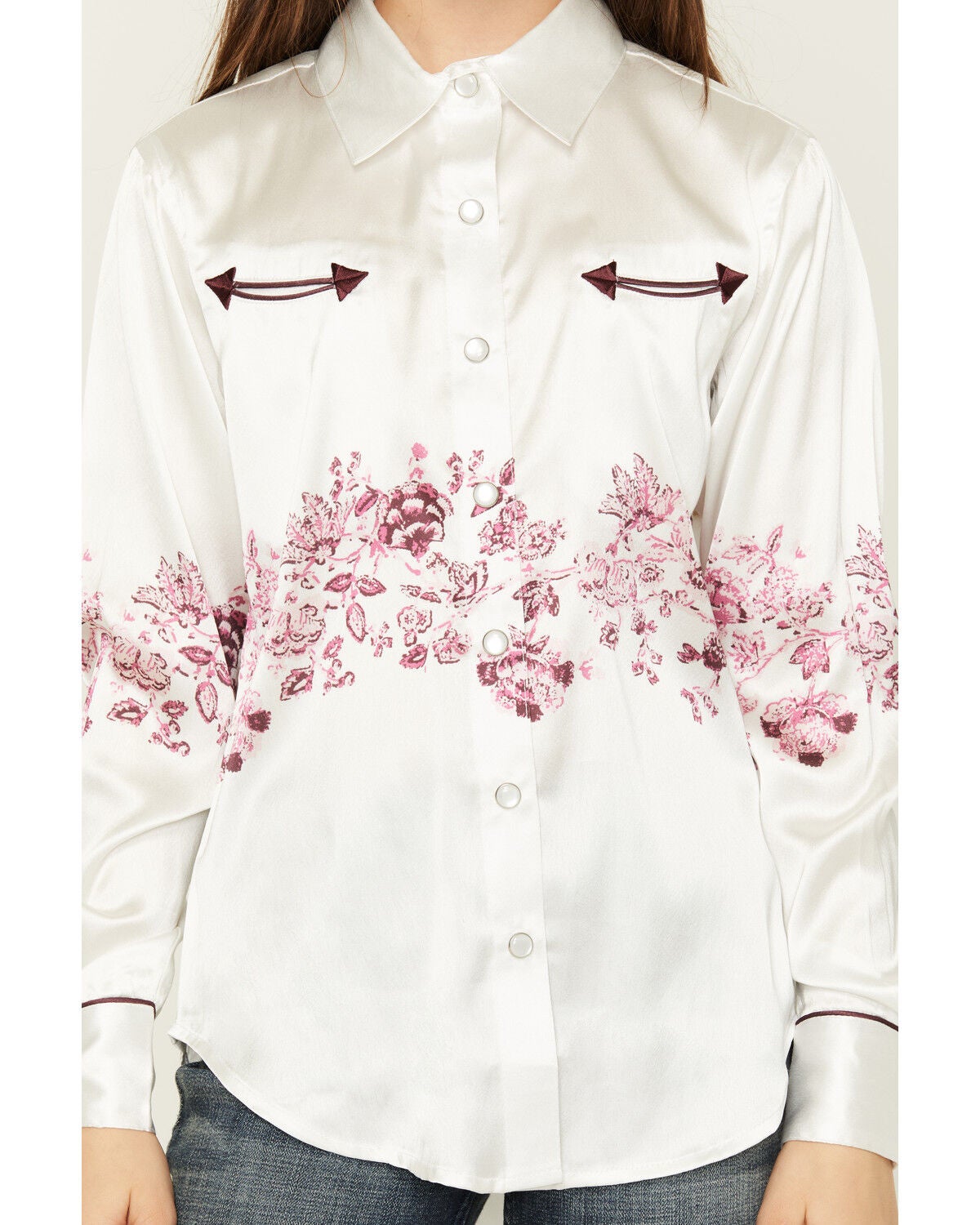 Image #3 - Cowgirl Hardware Girls' Wild Flower Long Sleeve Pearl Snap Western Shirt, White, hi-res