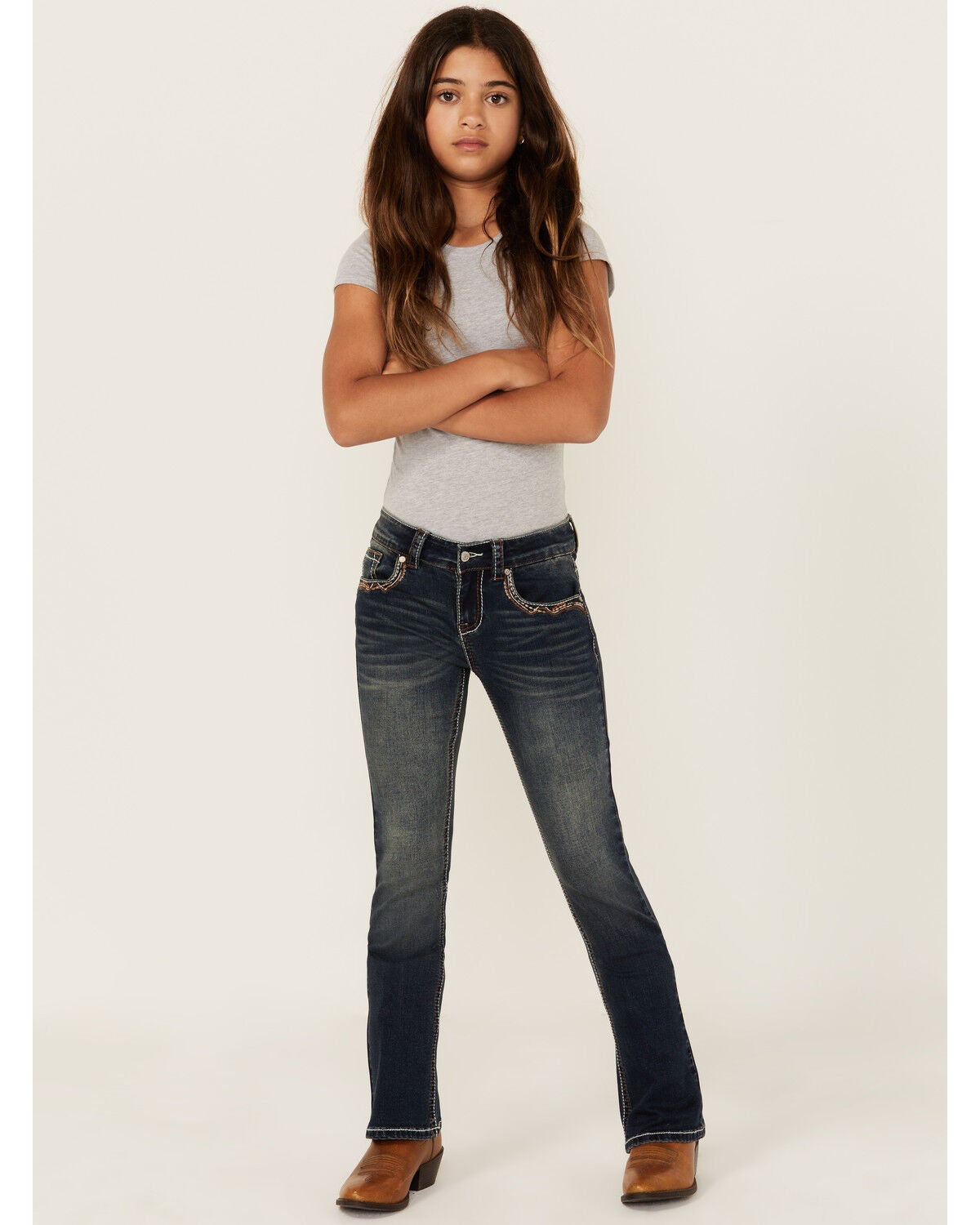 Image #3 - Shyanne Girls' Medium Wash Cowhide Pocket Bootcut Stretch Denim Jeans, Medium Wash, hi-res