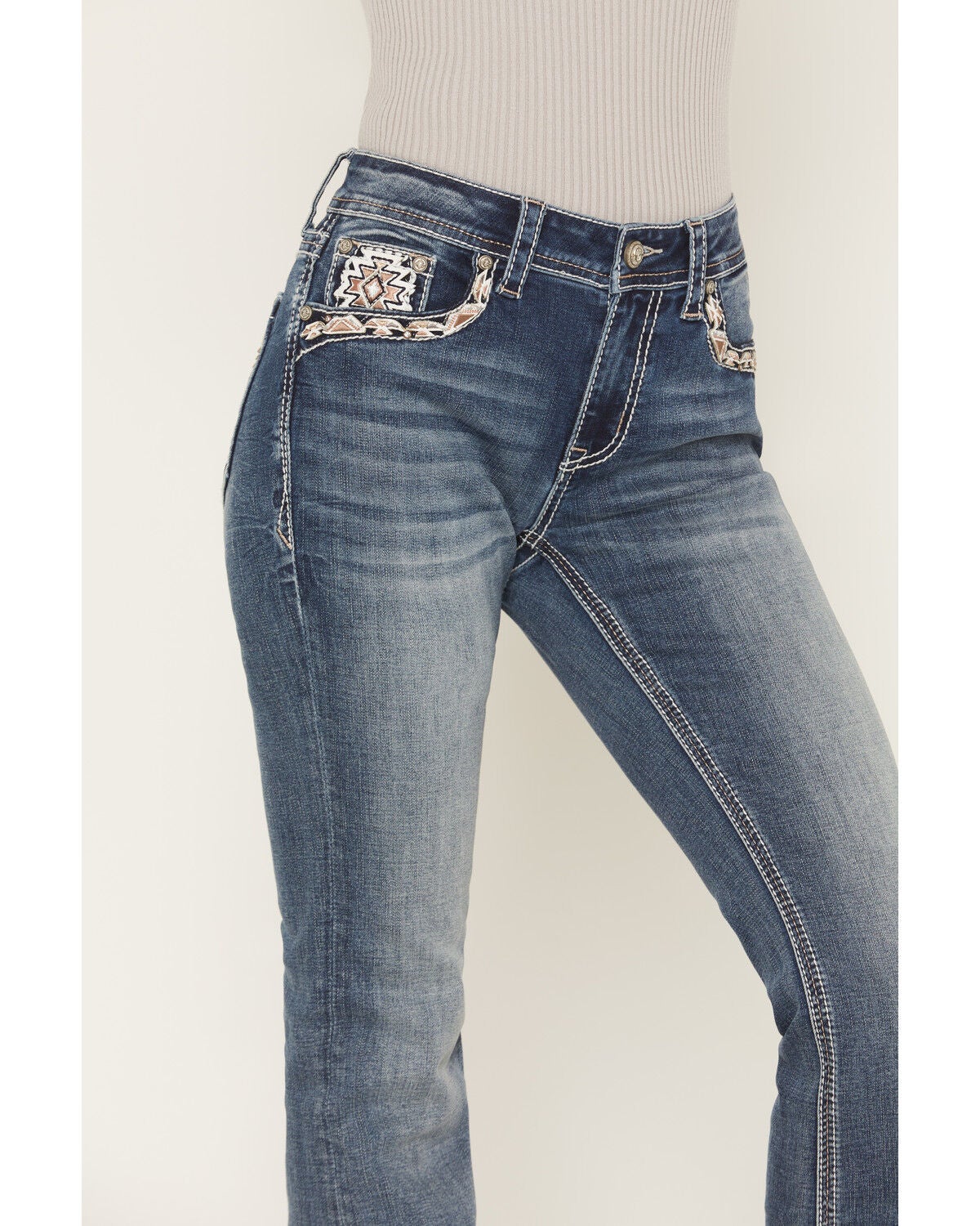 Image #4 - Grace in LA Women's Medium Wash Mid Rise Embellished 32" Bootcut Stretch Denim Jeans, Medium Wash, hi-res