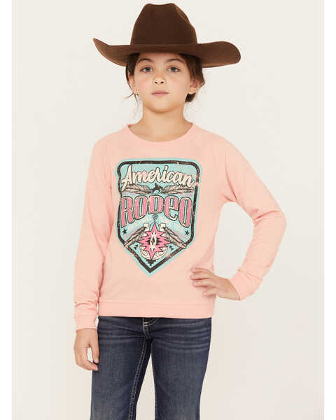 Rock & Roll Denim Girls' American Rodeo Graphic Sweatshirt, Peach, hi-res