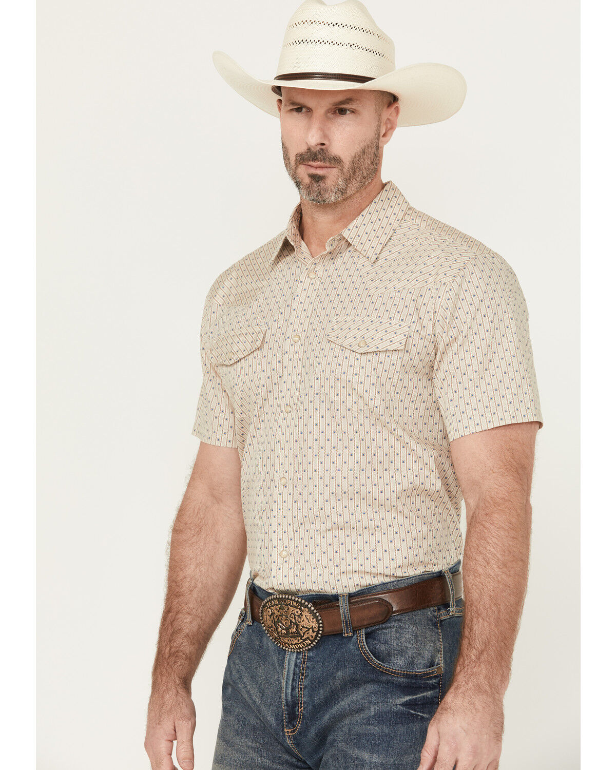 Image #2 - Gibson Trading Co Men's Square Knot Geo Striped Short Sleeve Snap Western Shirt, Cream, hi-res