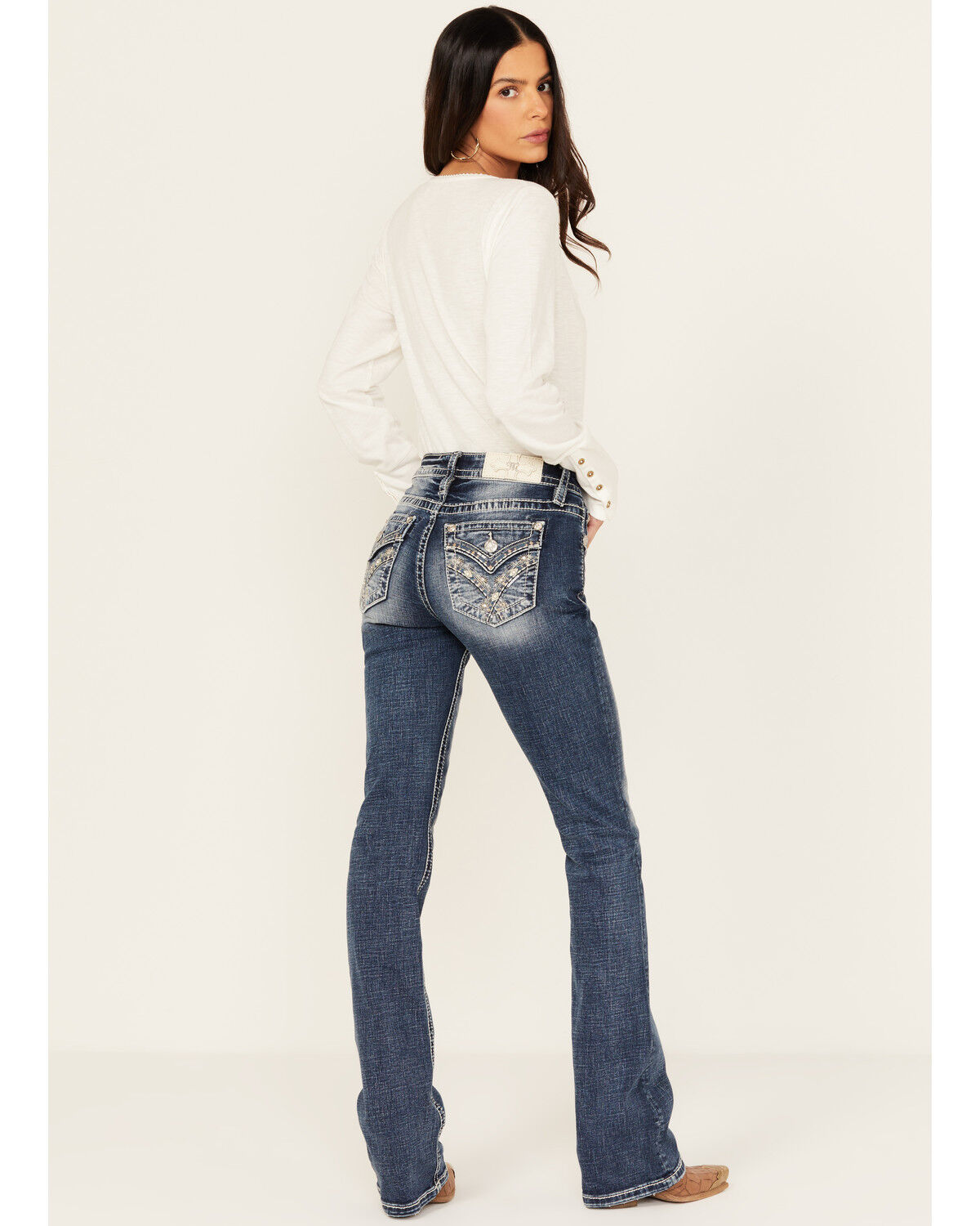 Image #1 - Miss Me Women's Dark Wash Mid Rise Faux Flap Pocket Bootcut Stretch Denim Jeans, Dark Wash, hi-res