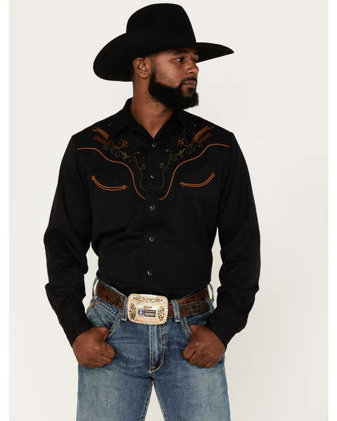 Roper Men's Old West Long Sleeve Snap Western Shirt, Black, hi-res