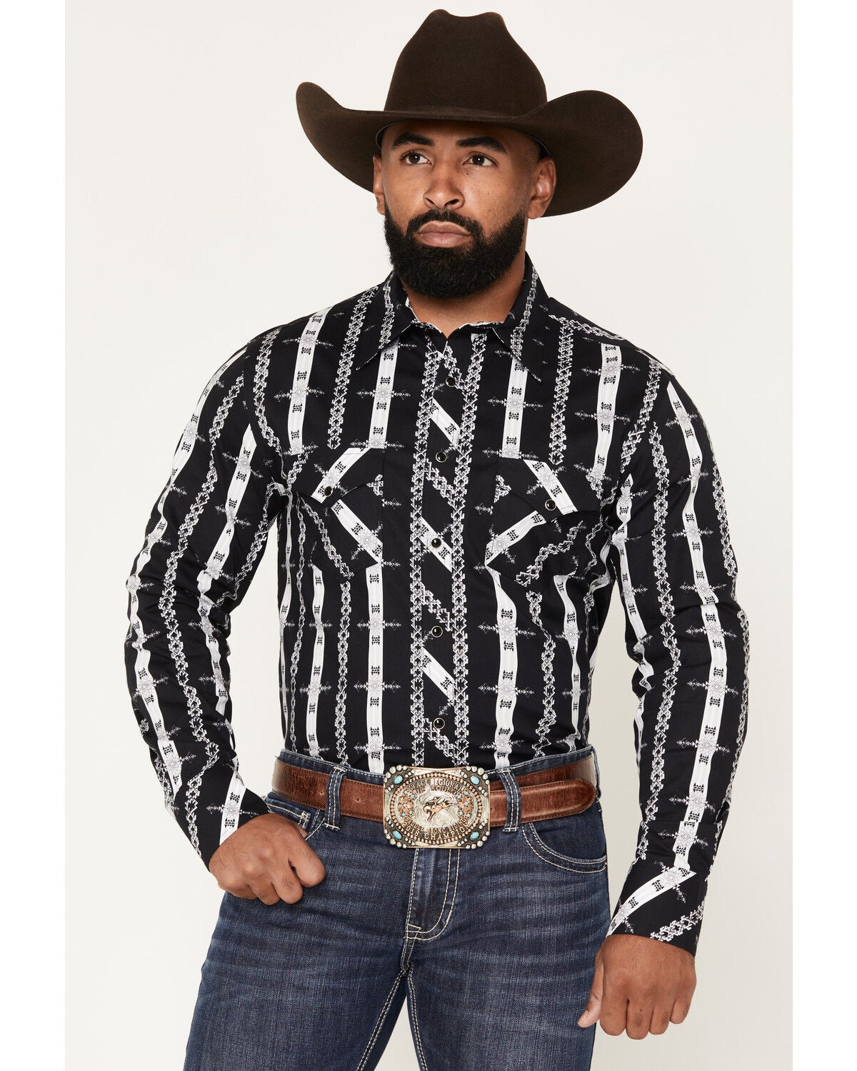 Image #1 - Rock & Roll Denim Men's Southwestern Striped Long Sleeve Snap Stretch Western Shirt, Black, hi-res