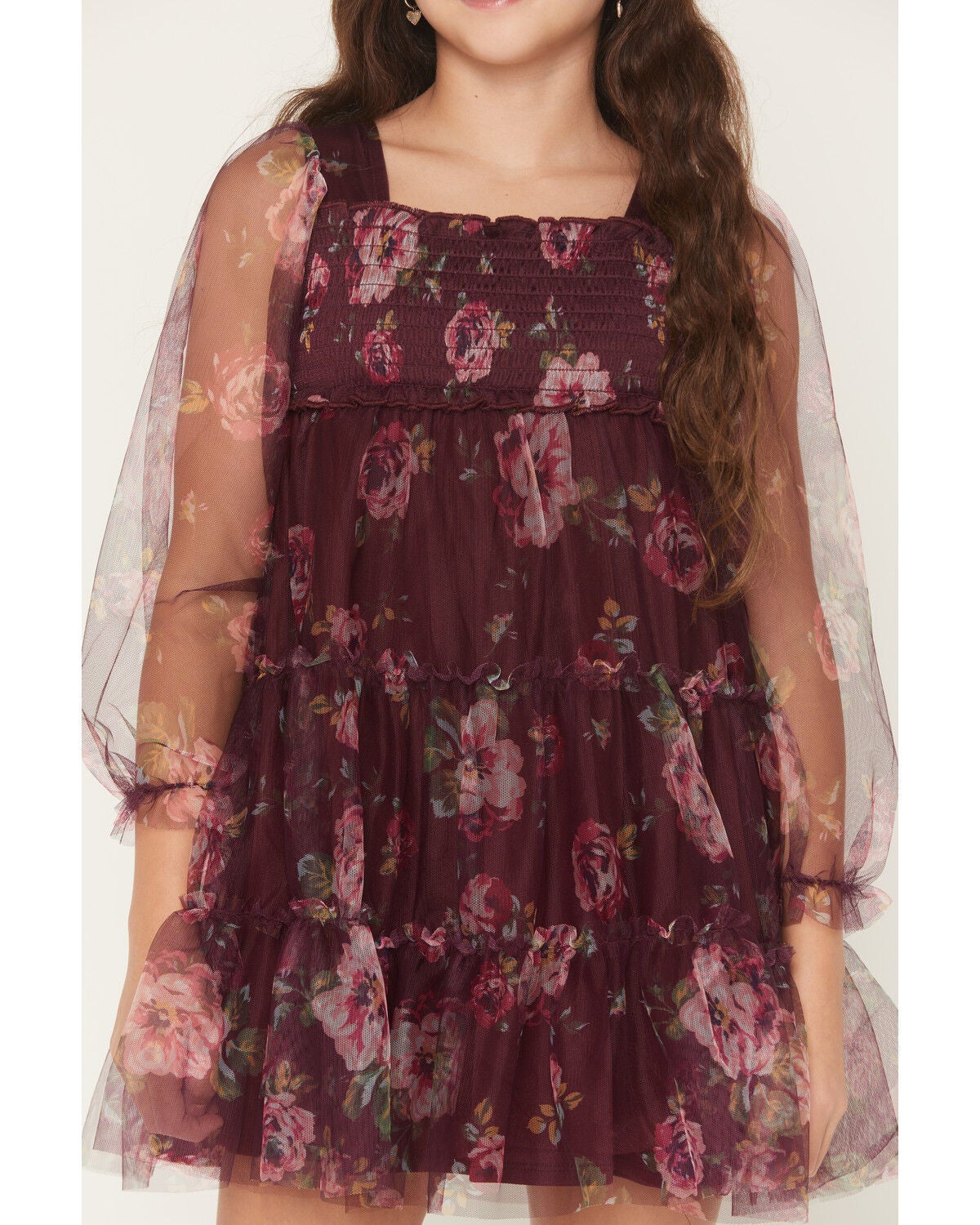 Image #3 - Sugar California Girls' Floral Print Long Sleeve Mesh Dress, Burgundy, hi-res