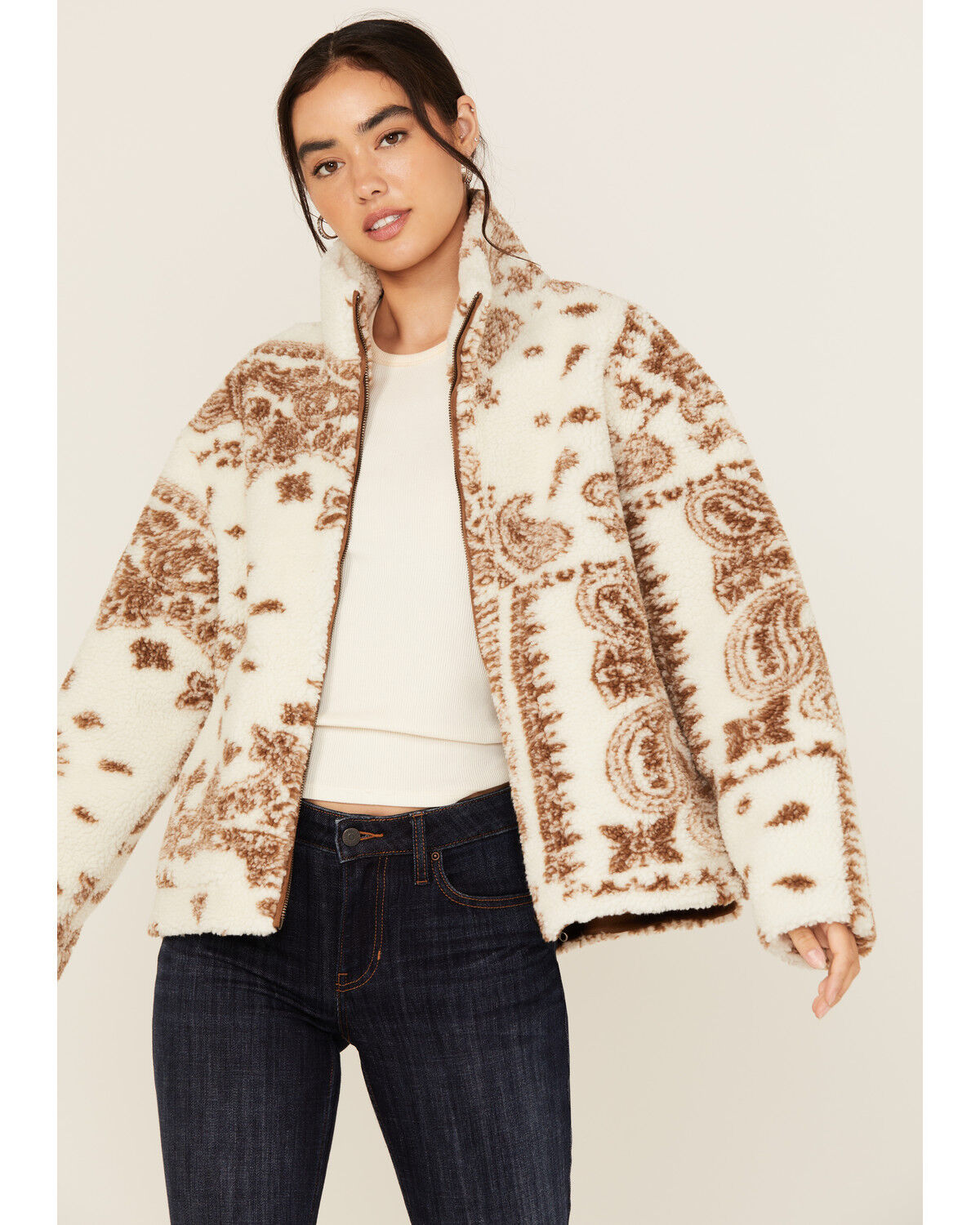 Image #2 - Idyllwind Women's Casey Reversible Faux Suede and Sherpa Zip-Up Jacket, Ivory, hi-res
