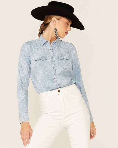 Cotton & Rye Women's Chambray Bandana Print Long Sleeve Snap Western Shirt , Light Blue, hi-res