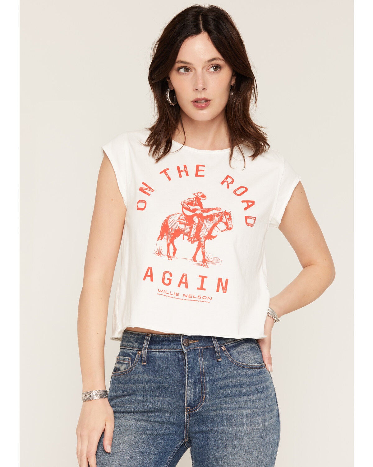 Image #1 - People of Leisure Women's Willie Nelson On The Road Again Short Sleeve Graphic Baby Tee, Cream, hi-res