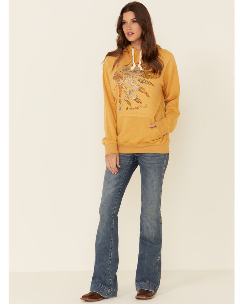 Cowgirl Tuff Women's Mustard Crystal Indian Headress Graphic Hooded Sweatshirt , Mustard, hi-res