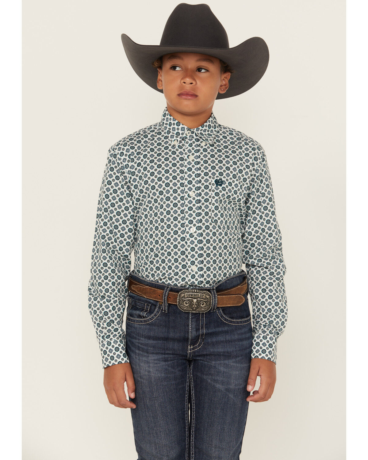 Image #1 - Cinch Boys' Printed Long Sleeve Button-Down Western Shirt, Cream, hi-res