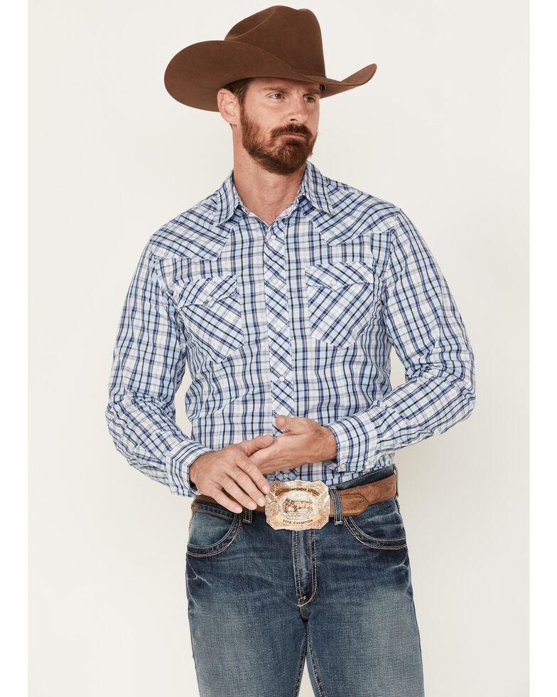 Wrangler Men's Small Plaid Long Sleeve Snap Western Shirt , Blue, hi-res