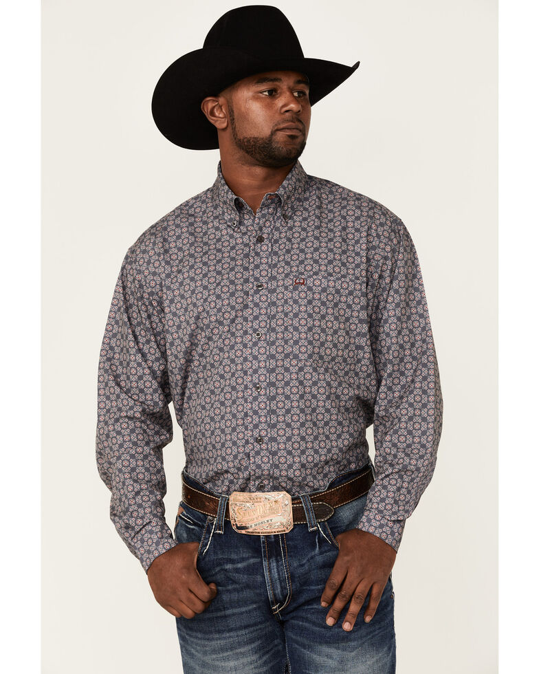 Cinch Men's Arena Flex Grey Medallion Geo Print Long Sleeve Button-Down Western Shirt , Grey, hi-res