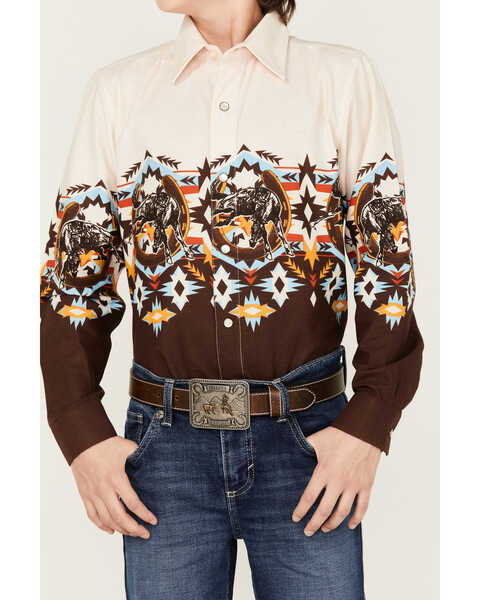 Image #3 - Panhandle Boys' Southwestern Border Print Long Sleeve Snap Shirt, Natural, hi-res