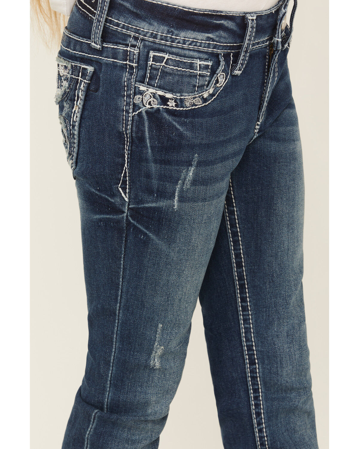 Image #4 - Grace In LA Girls' Paisley Embroidered Medium Wash Bootcut Stretch Denim Jeans, Medium Wash, hi-res