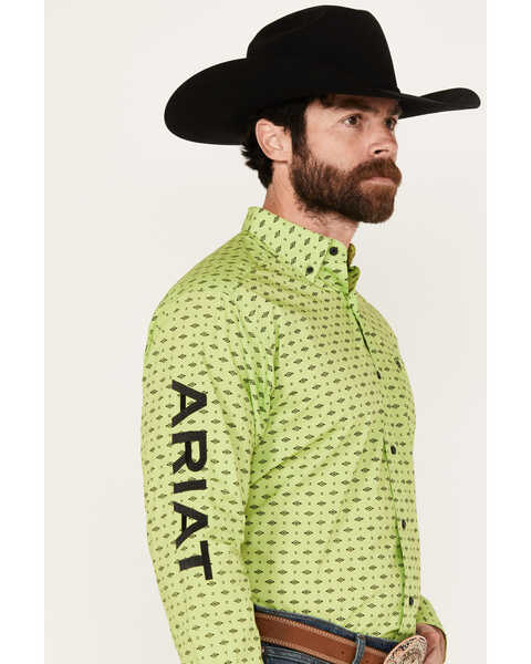 Image #2 - Ariat Men's Team Pruitt Diamond Print Classic Fit Long Sleeve Button-Down Western Shirt, Bright Green, hi-res