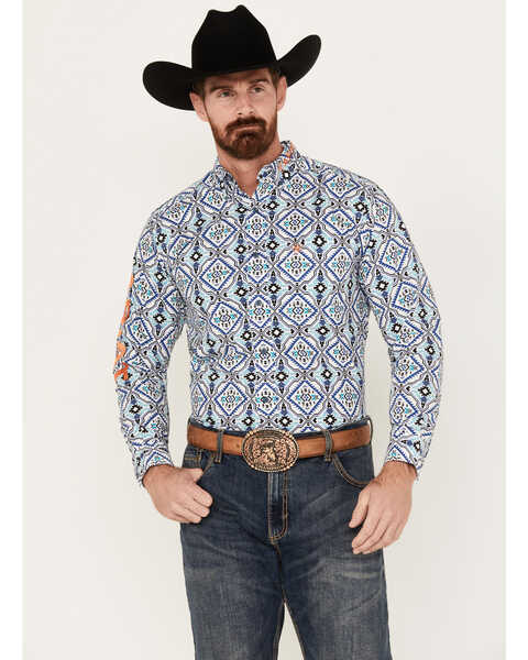 Ariat Men's Team Deacon Southwestern Print Long Sleeve Button-Down Western Shirt , Blue, hi-res