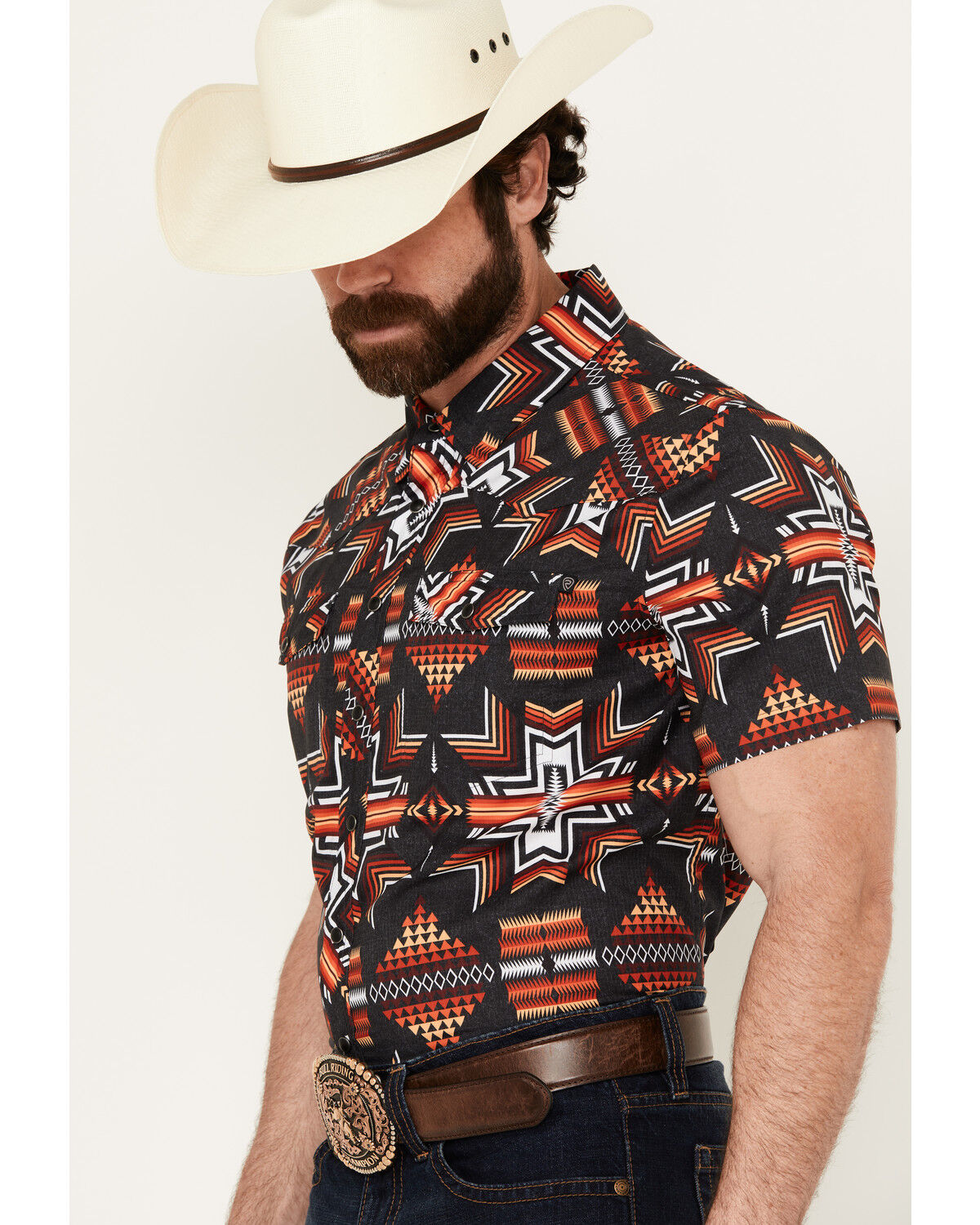 Image #2 - Rock & Roll Denim Men's Southwestern Short Sleeve Snap Western Shirt, Black, hi-res