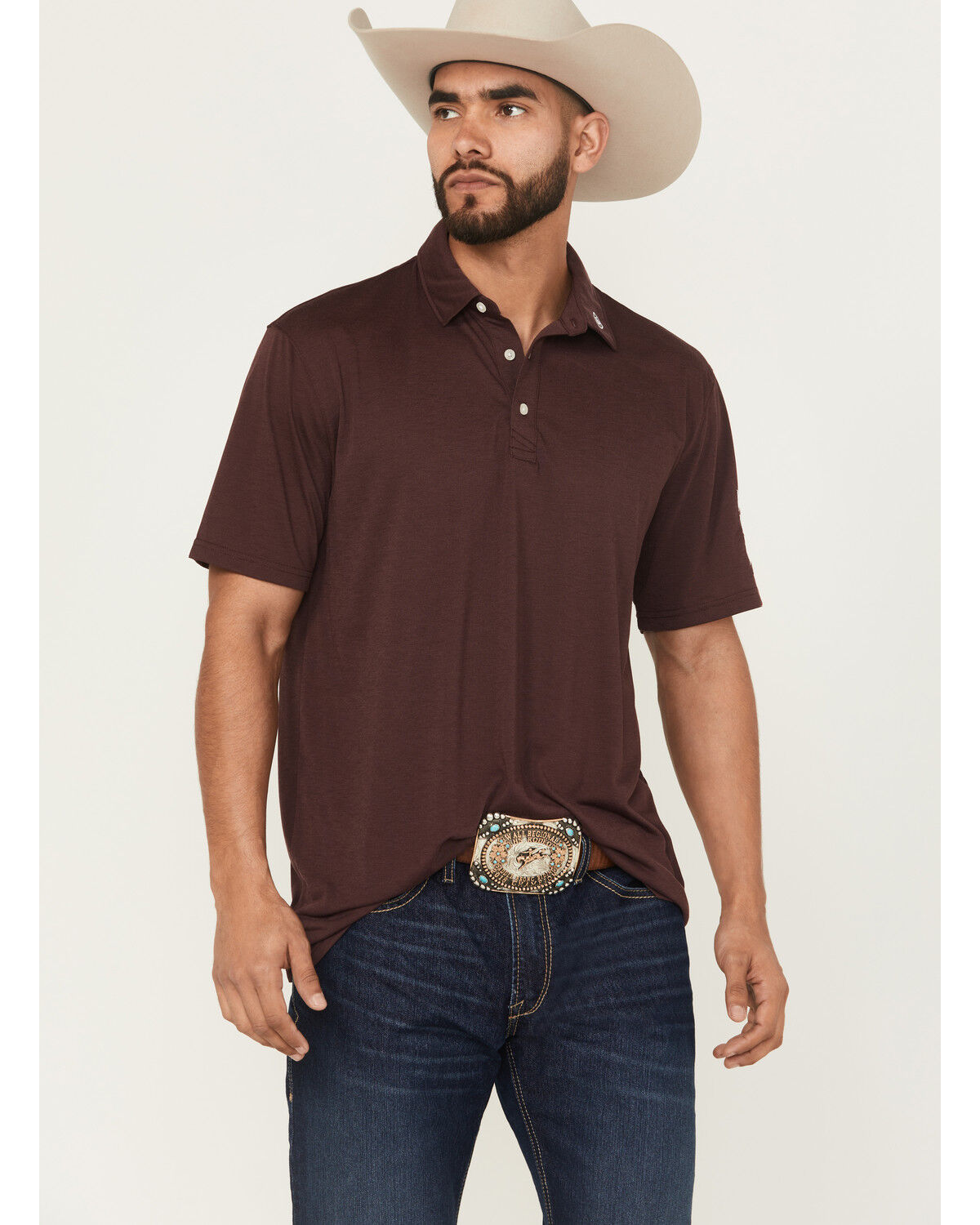 Image #1 - Ariat Men's Team Logo Short Sleeve Button-Down Polo Shirt, Burgundy, hi-res