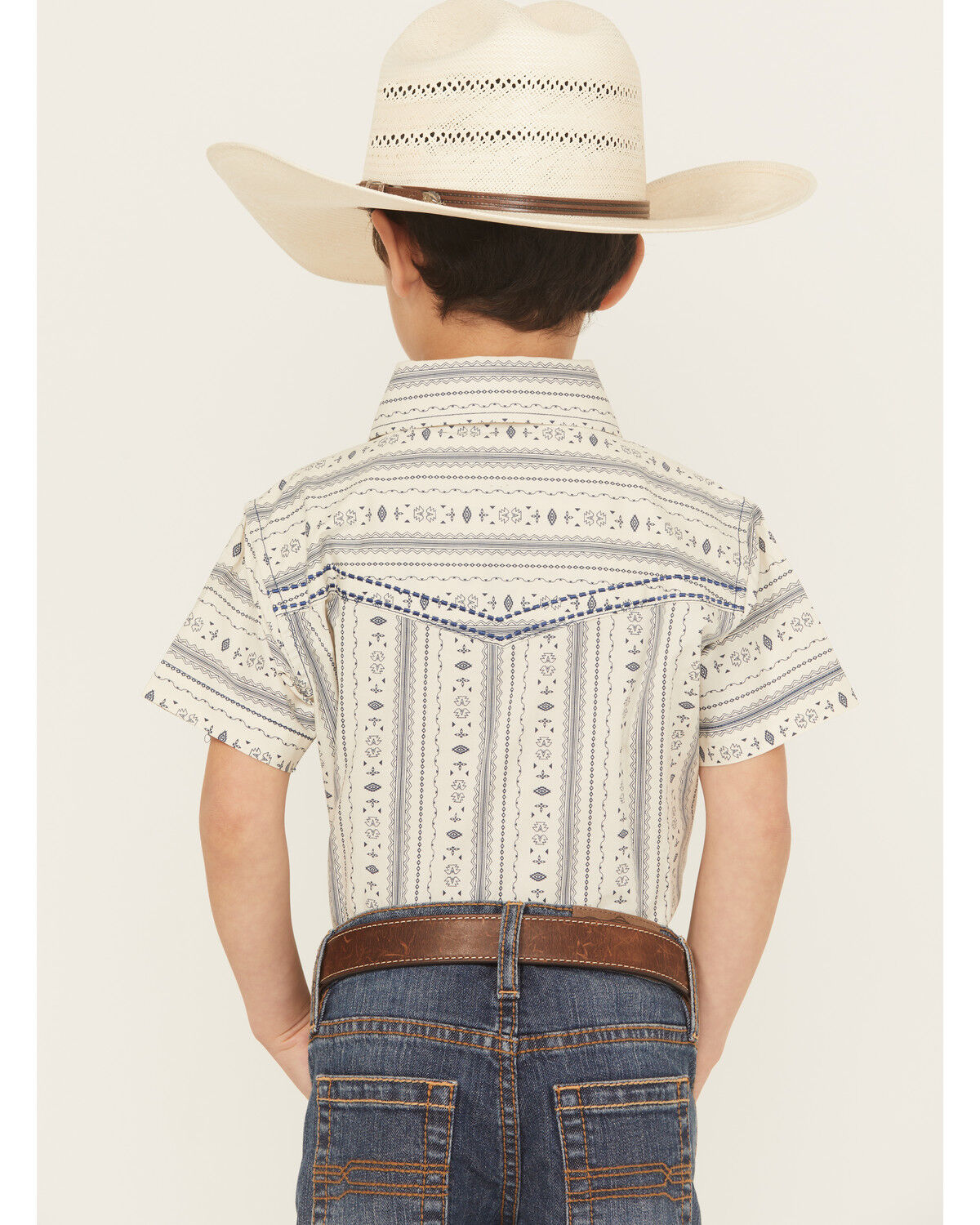 Image #4 - Cowboy Hardware Boys' Stripe Southwestern Print Short Sleeve Snap Stretch Western Shirt, Cream, hi-res