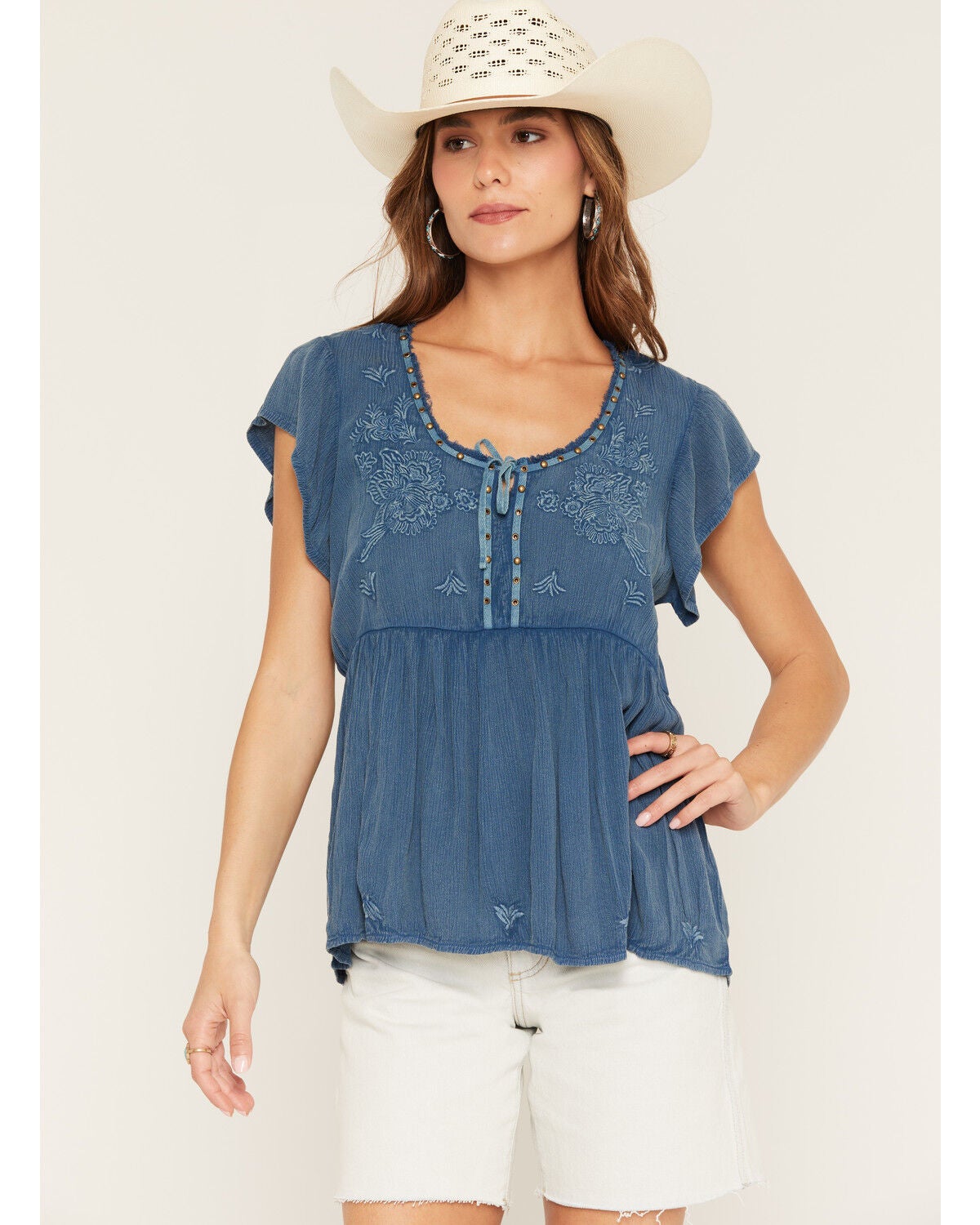 Shyanne Women's Embroidered Short Flutter Sleeve Shirt, Deep Blue, hi-res