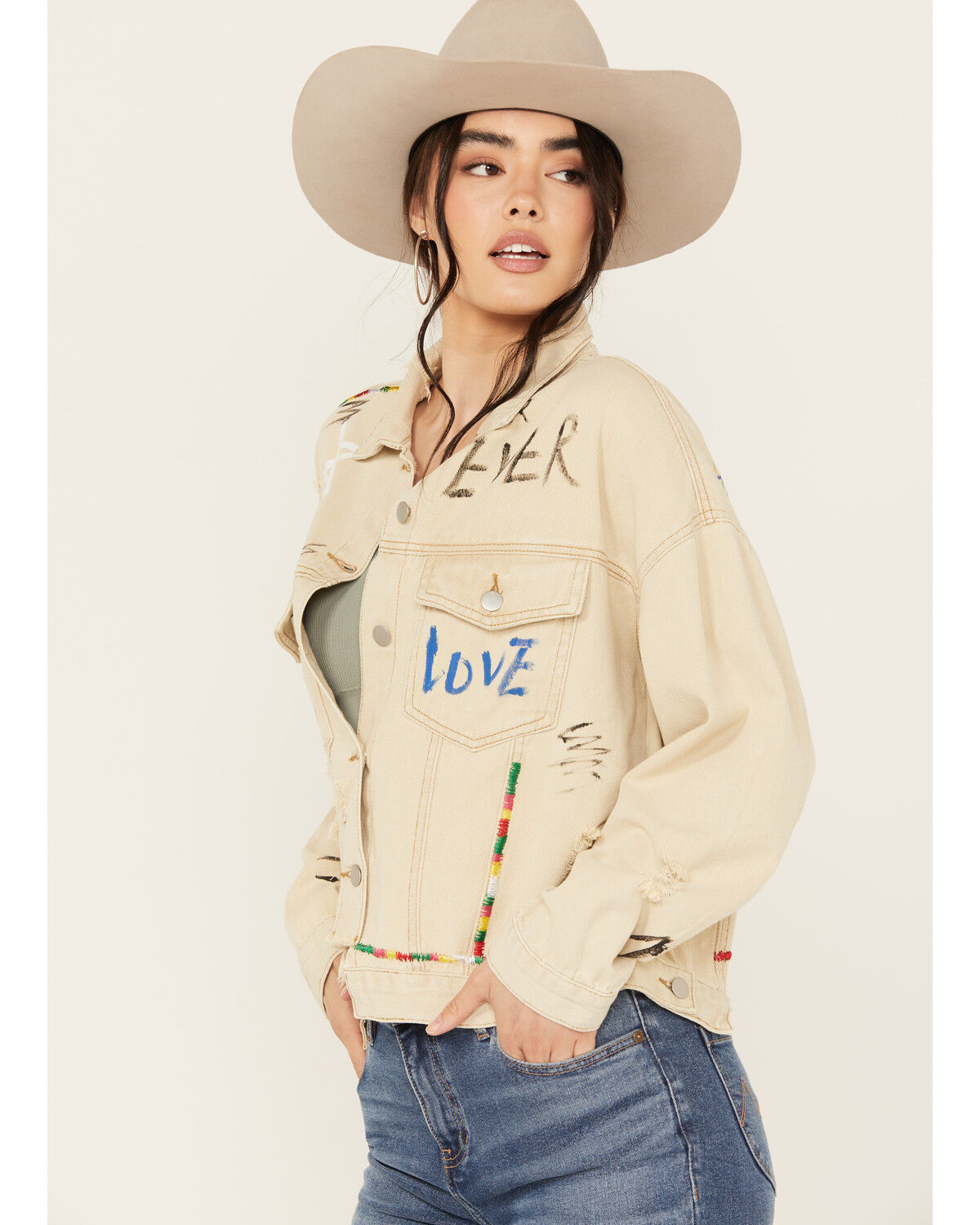 Image #2 - POL Women's Drawing Embellished Jacket, Cream, hi-res