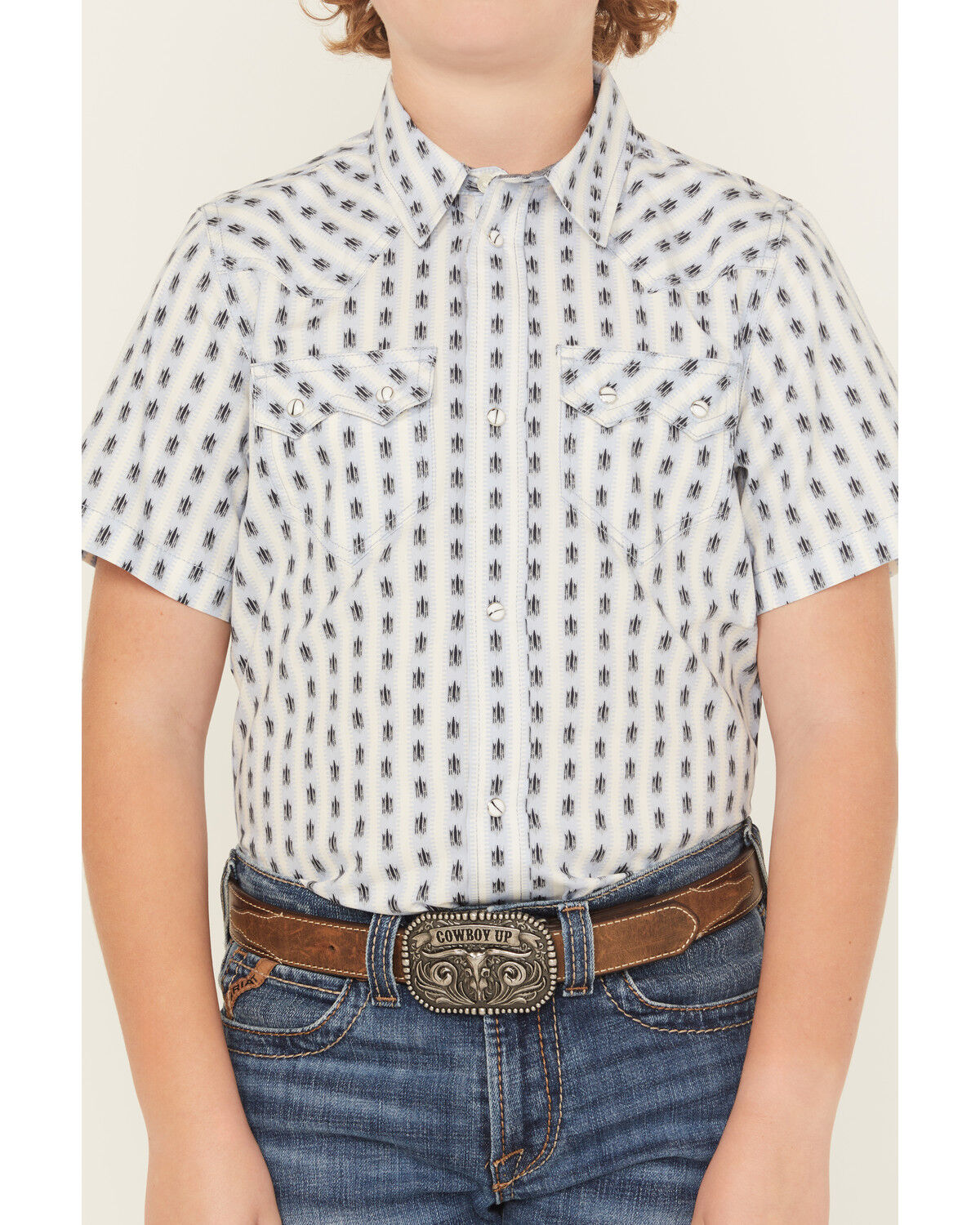 Image #3 - Cody James Boys' Outlaw Pass Striped Print Short Sleeve Snap Western Shirt, White, hi-res