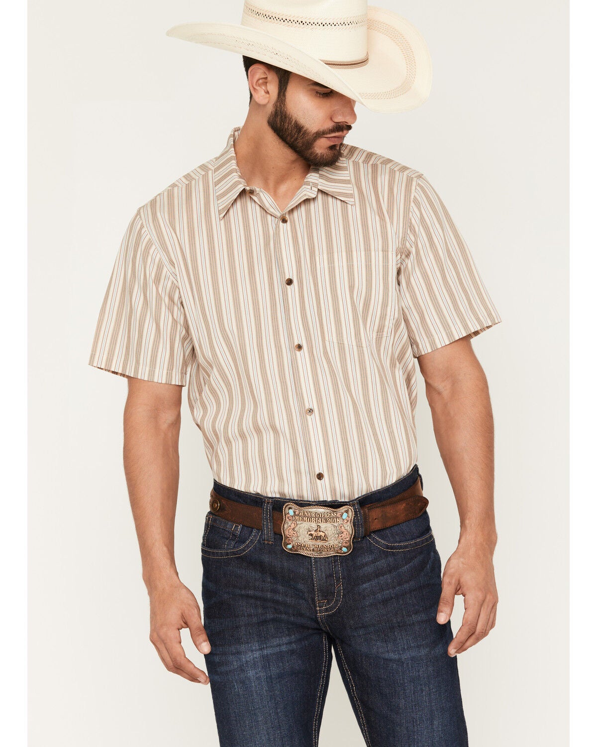 Image #1 - Gibson Trading Co Men's Canyon Striped Short Sleeve Button-Down Western Shirt, Tan, hi-res
