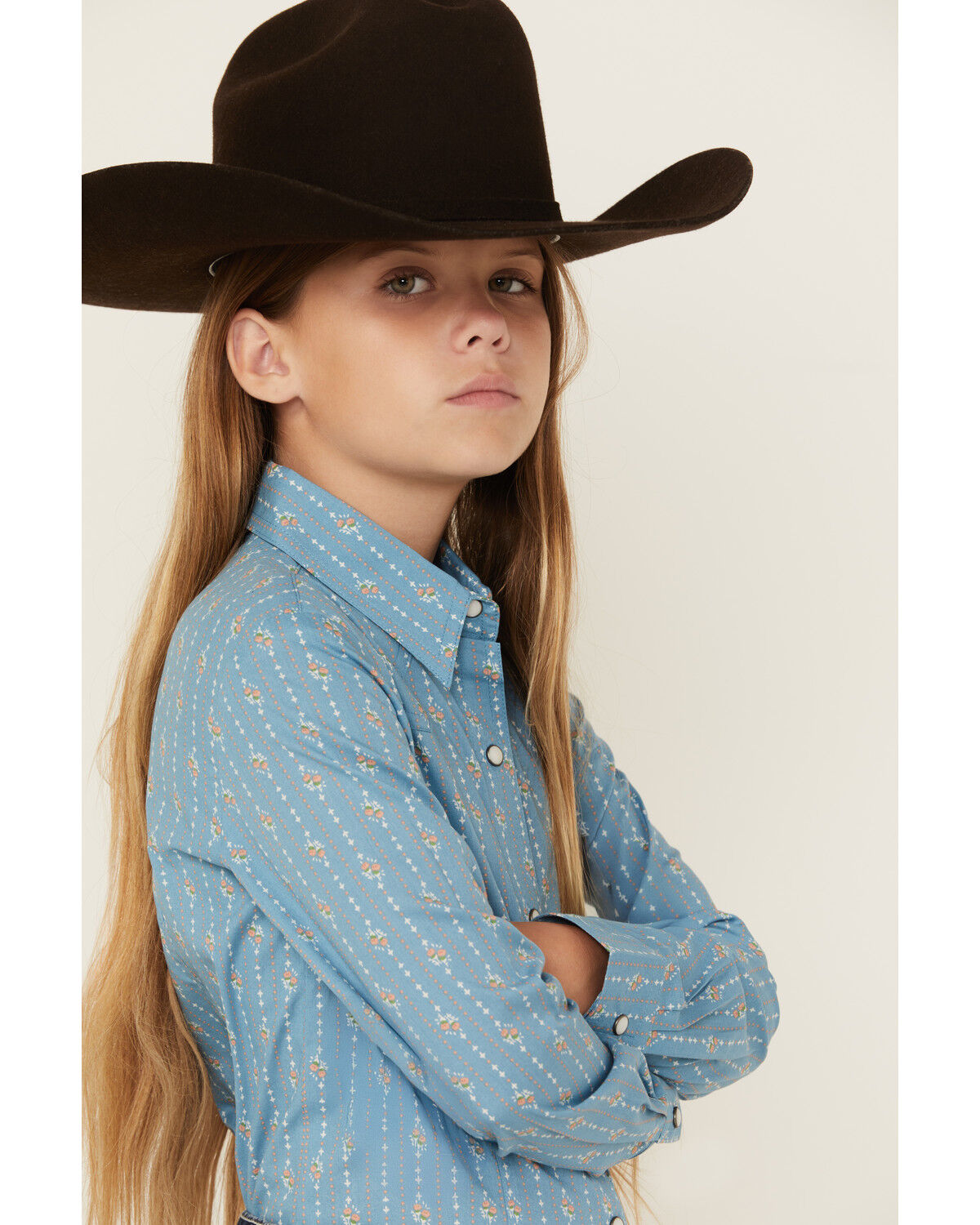 Image #2 - Cruel Girl Girls' Floral Striped Long Sleeve Snap Western Shirt, Light Blue, hi-res