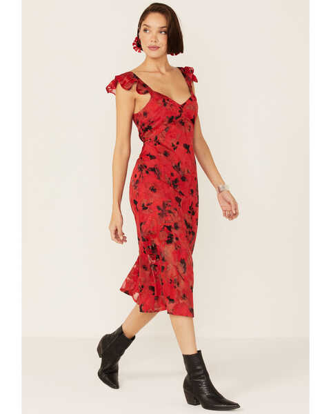 Band of Gypsies Red Cora Sleeveless Floral Midi Dress, Red, hi-res