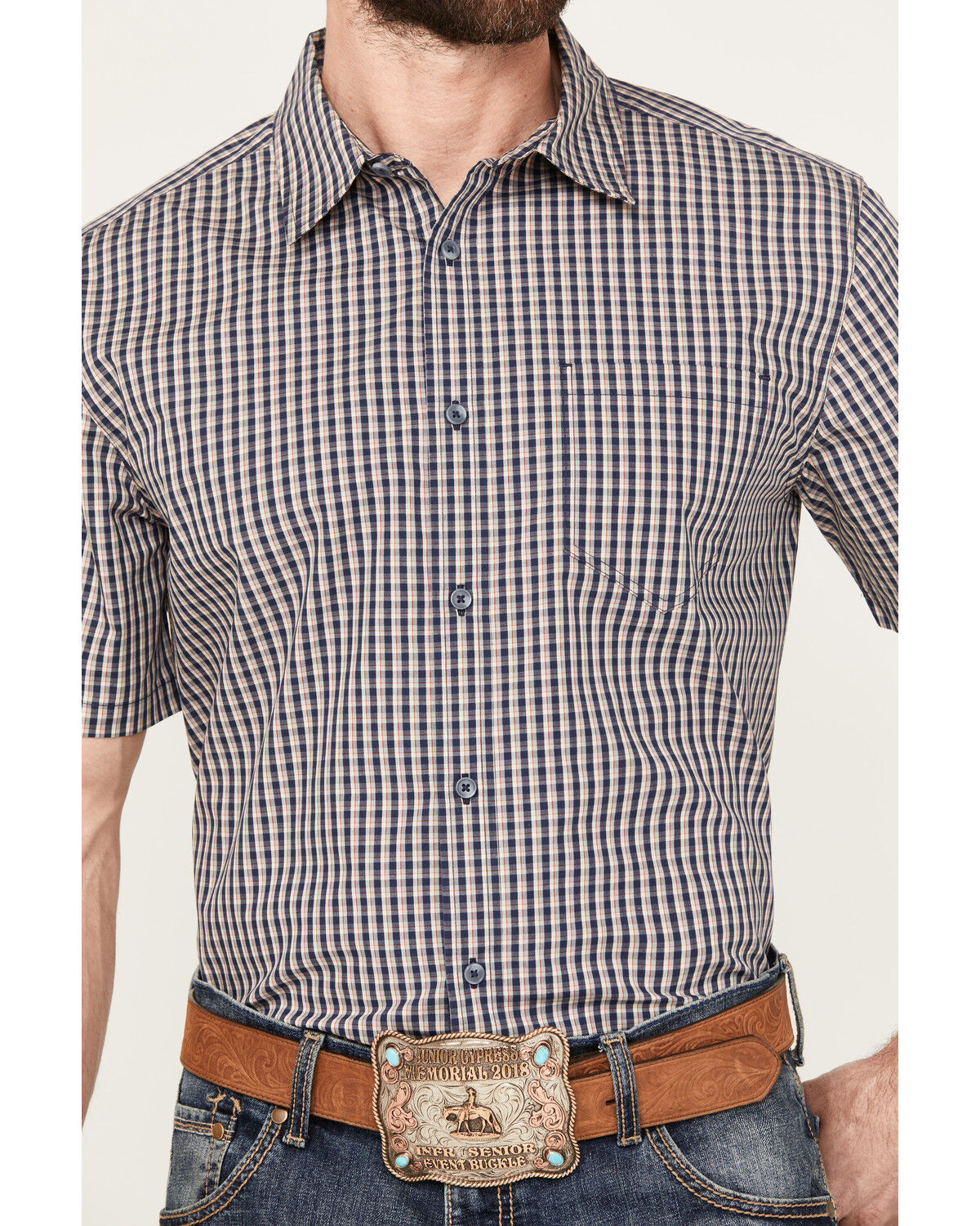 Image #3 - Gibson Men's Tempe Small Plaid Print Short Sleeve Button-Down Western Shirt, Navy, hi-res